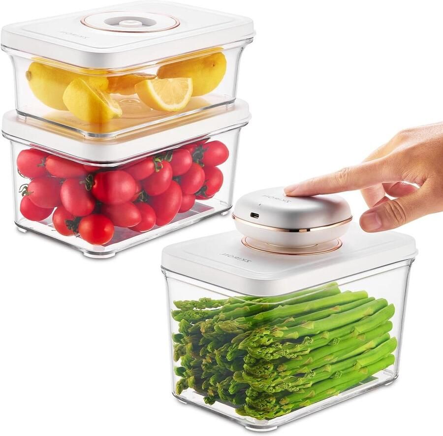 FreshLock Voedselcontainers Vacuümsealer Set Voedsel Vers Houden One-Touch Vacuüm 3 Maten Wit
