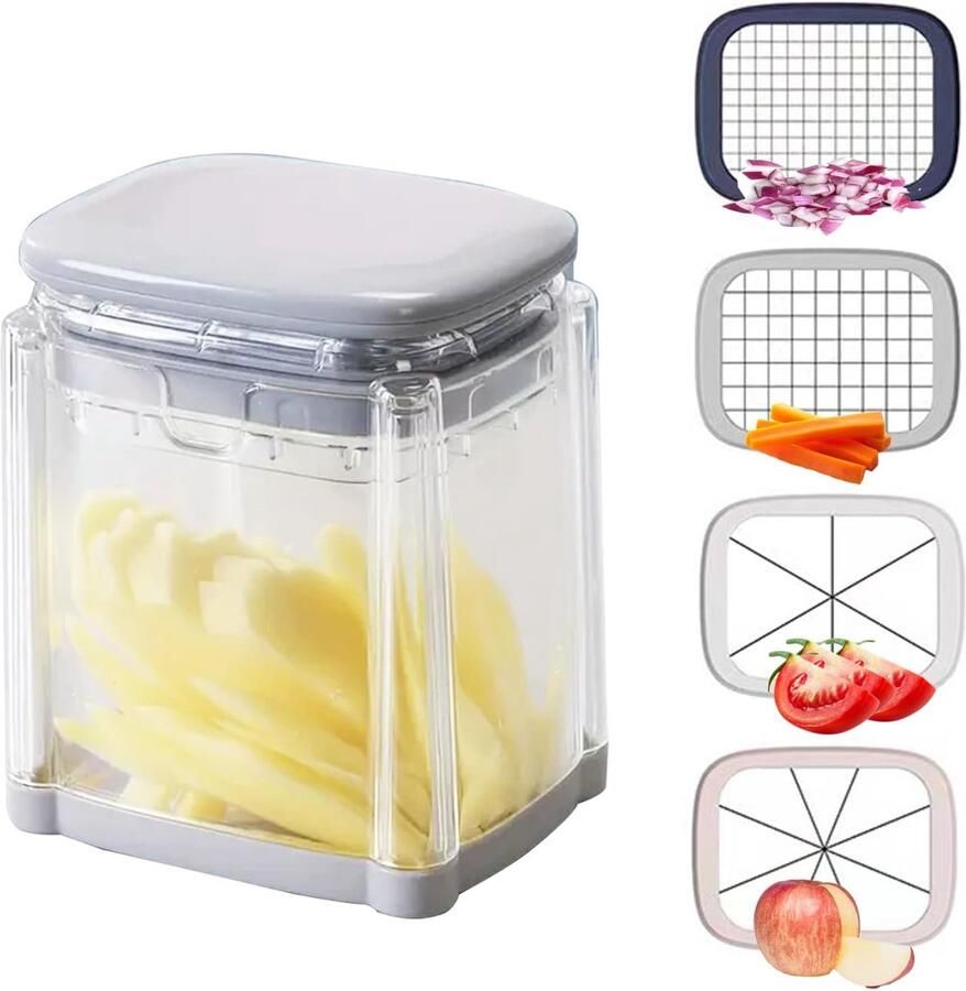 Frietsnijder met 4 messen van roestvrij staal 4-in-1 friet snijder handmatige groentesnijder frituurmachine snel snijden friet fruit aardappelen uien (grijs)