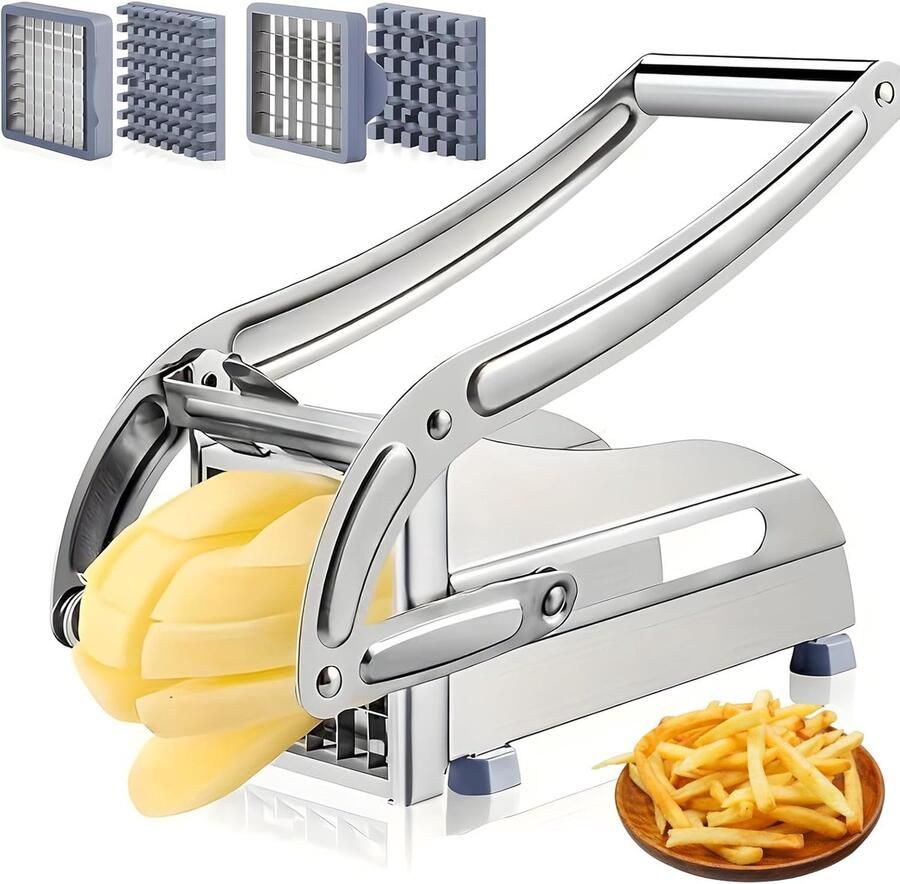 Frietsnijder roestvrij staal aardappelsnijder schijven met 2 mesmaten (36 64 raster) en antislip basis frietpers voor perfecte friet robuuste groentesnijder