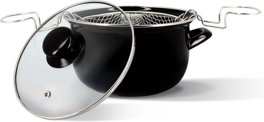 Friteuse 20 cm Zwart geëmailleerd staal met roestvrijstalen mand en deksel Perfect voor zelfgemaakte frietjes en snacks