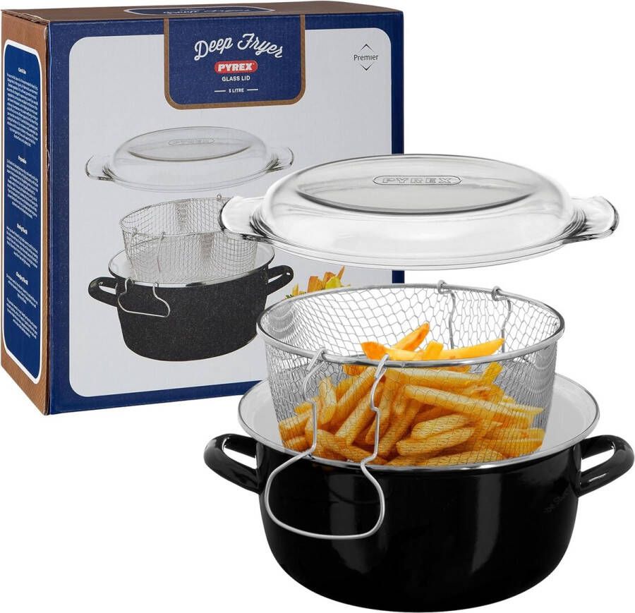 Oliebollen friteuse Oud en Nieuw Emaille Chip Pan Friteuse 5L Glasdeksel Zwarte Frituurpan Kleine Fryer 16x33x27