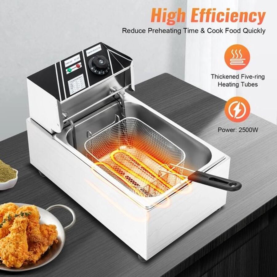 Friteuse 6L – Frituurpannen 2500W – Elektrische RVS – Temperatuurregeling – Voor Thuis en Horeca – Incl. Frituurmand Lichtgrijs