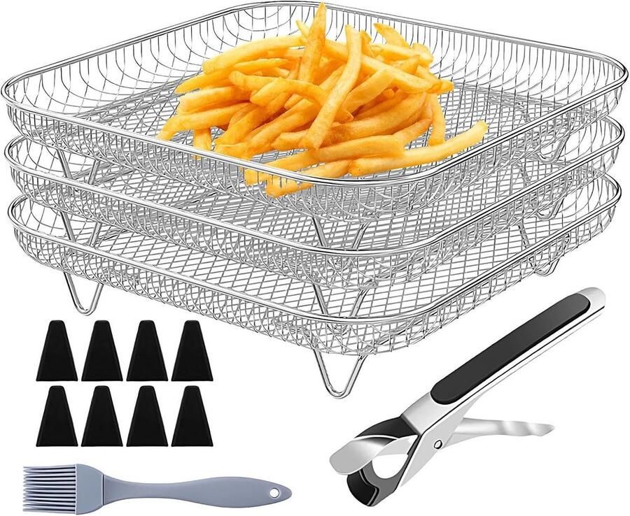 Friteuse Accessoires Airfryer Mand Set Koken en Bakken Stabiele RVS Ondersteuning 20x20cm Zilver
