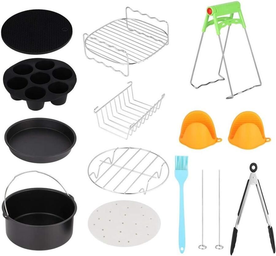Friteuse Accessoires Set Heteluchtfriteuse Onderdelen Bakken en Grillen 12 Delig Universeel 7 Inch Zwart Zilver