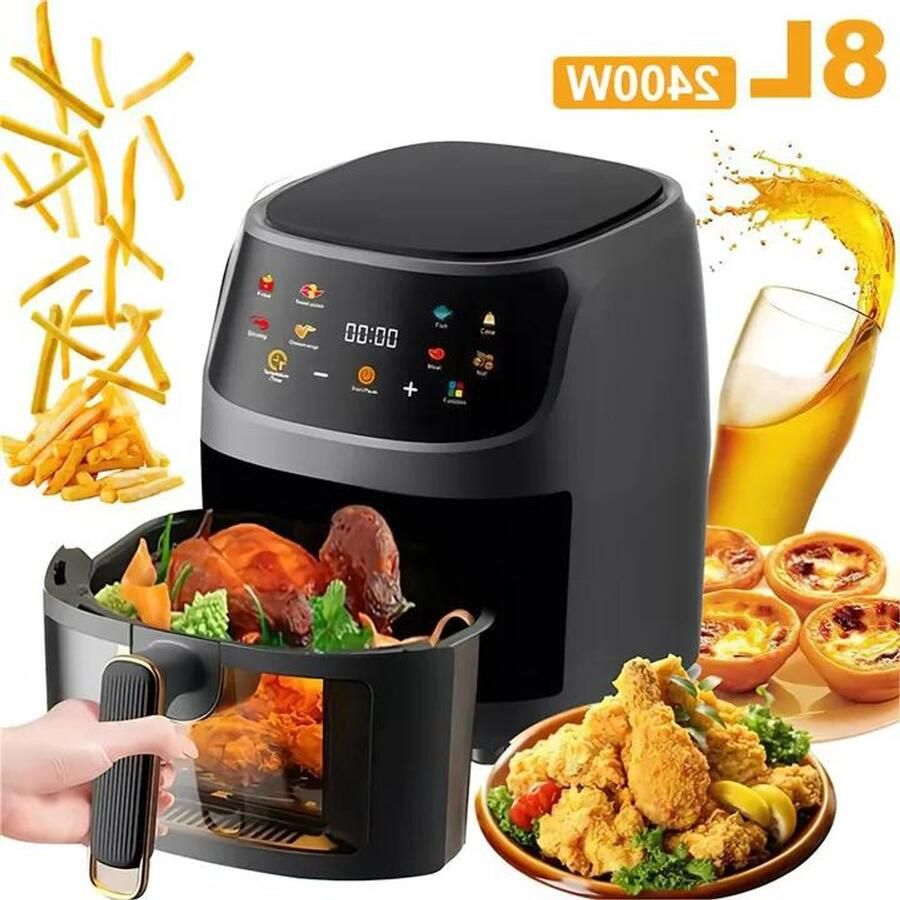 Premium Luchtfriteuse zonder olie Programmeerbare AirFryer 1400W 8L Huishoudelijke Smart LED Touch Thermische Cyclus Oven Frieten Kip Geschikt voor het hele gezin Zilver Zwart