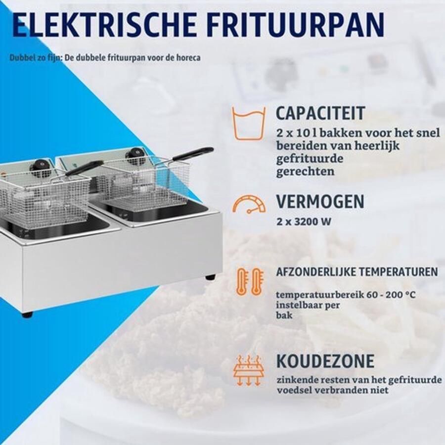 Friteuse Dubbel 2 X 10 Liter Inhoud 3200 W Vermogen Roestvrij Staal Professionele Horeca Frituurpan