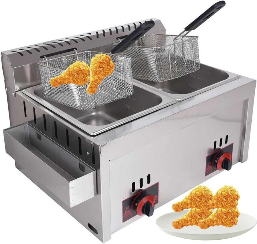 Friteuse Dubbel Professionele Frituur Grote Porties Frituren Roestvrij Staal 2x 10L Zilver