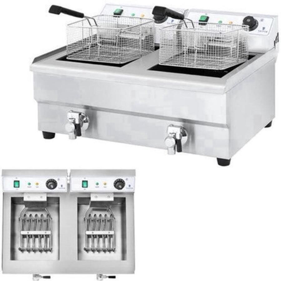 Friteuse – Dubbele Frituurpan – Frituurketel – Frituurpan – Elektrische Friteuse – 2 x 16 Liter – RVS Behuizing – Koude Zone & Afvoerkraan