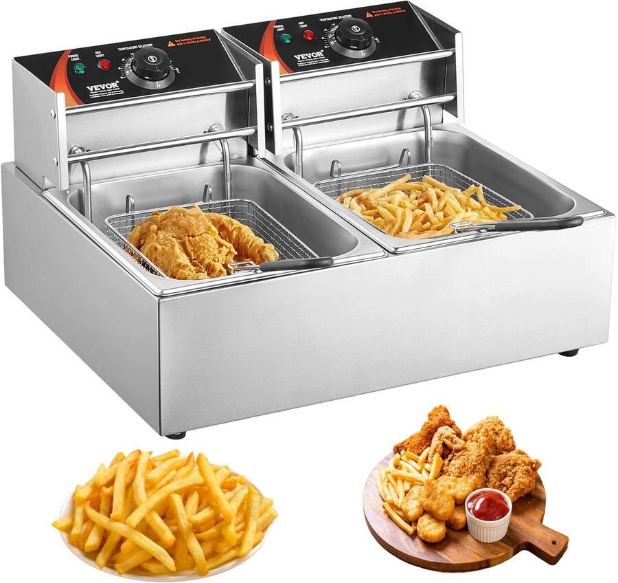 Friteuse Elektrisch 12L Dubbele Tanks 3000W Vermogen Roestvrijstaal Aanrecht Frituurpan Voor Gebakken Kip En Frietjes