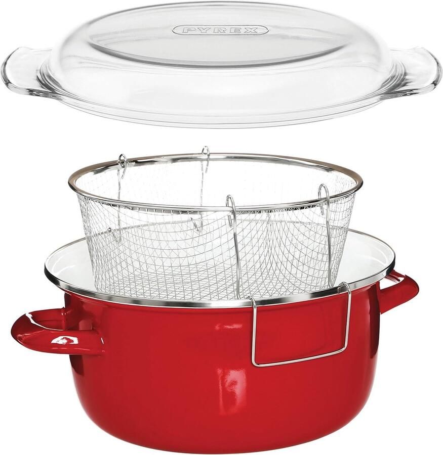 Premier Huisraad 5L Friteuse Enamel Chip Pan Friteuse Glazen deksel Chipfriteuse Frituurpan Rode Friteuse Mand Kleine Friteuse 16x33x27