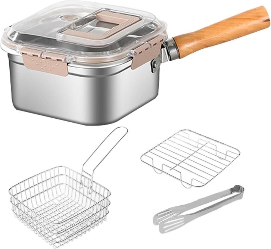 Friteuse met mand Braadpan Roestvrijstaal Frituren en Stomen Spatbestendig Klapgreep 24D x 15W x 24H cm