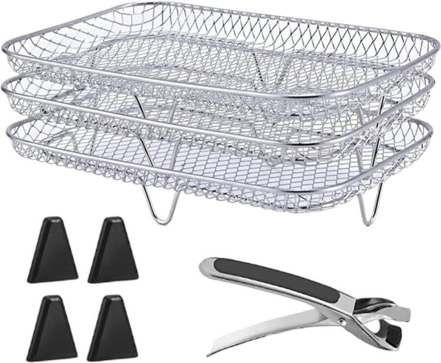 Friteuse Mand Set Grillrooster Accessoires Extra Kookruimte 3-Laags Fijnmazig 8 Delig Zilver