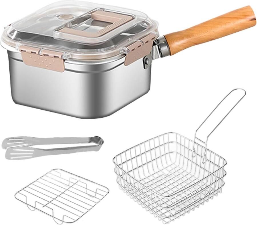 Friteuse met Mand Braadpan Frituurpan Buiten Koken Spatbestendig Roestvrij Staal 24 x 15 x 24 cm