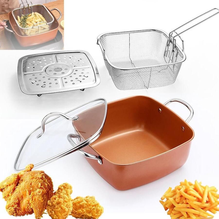 Friteuse met Mand Kleine friteuse Antiaanbakpan Snelle maaltijden bereiden 2-in-1 functie 24 cm Zilver