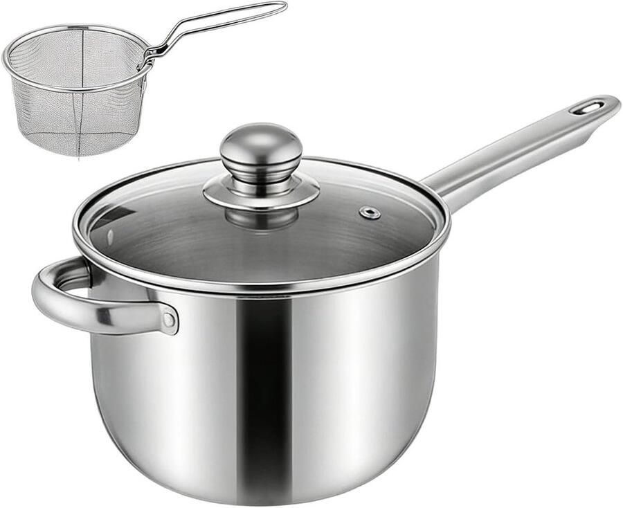Friteuse met mand Kookpan Frituurpan Veelzijdig koken Gelijkmatige warmteverdeling 38 x 19.5 x 13 cm Zilver