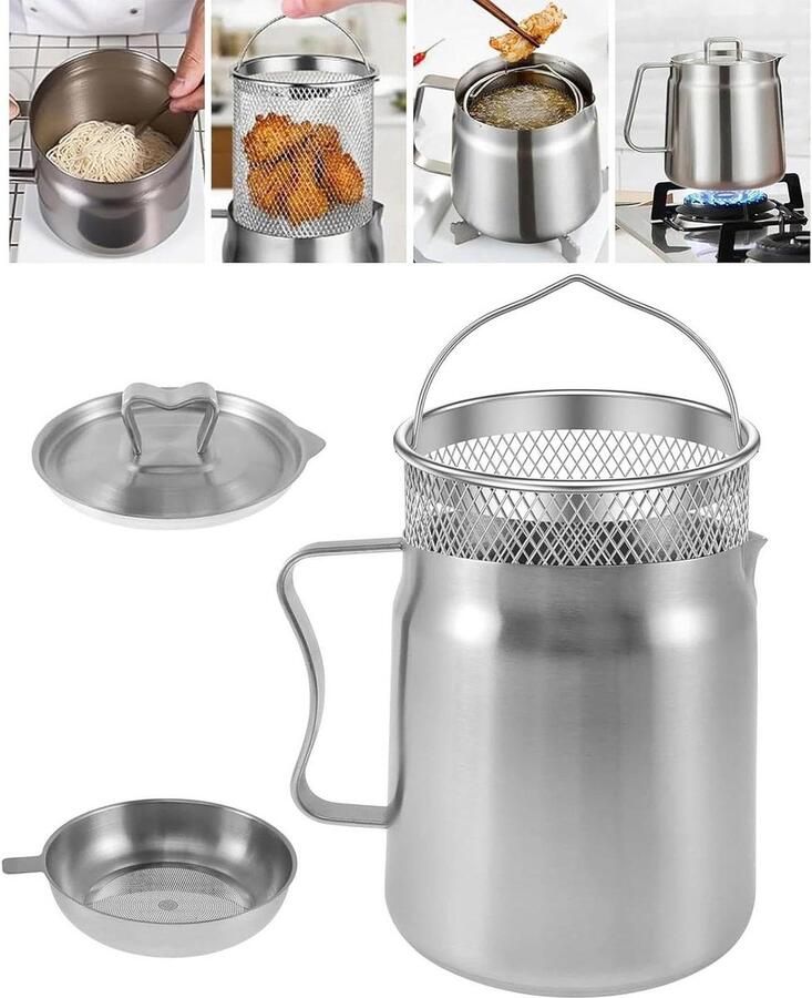 Frituurpan met mand Zeefpot roestvrij staal Eten bereiden 2-in-1 ontwerp Grote capaciteit Zilver
