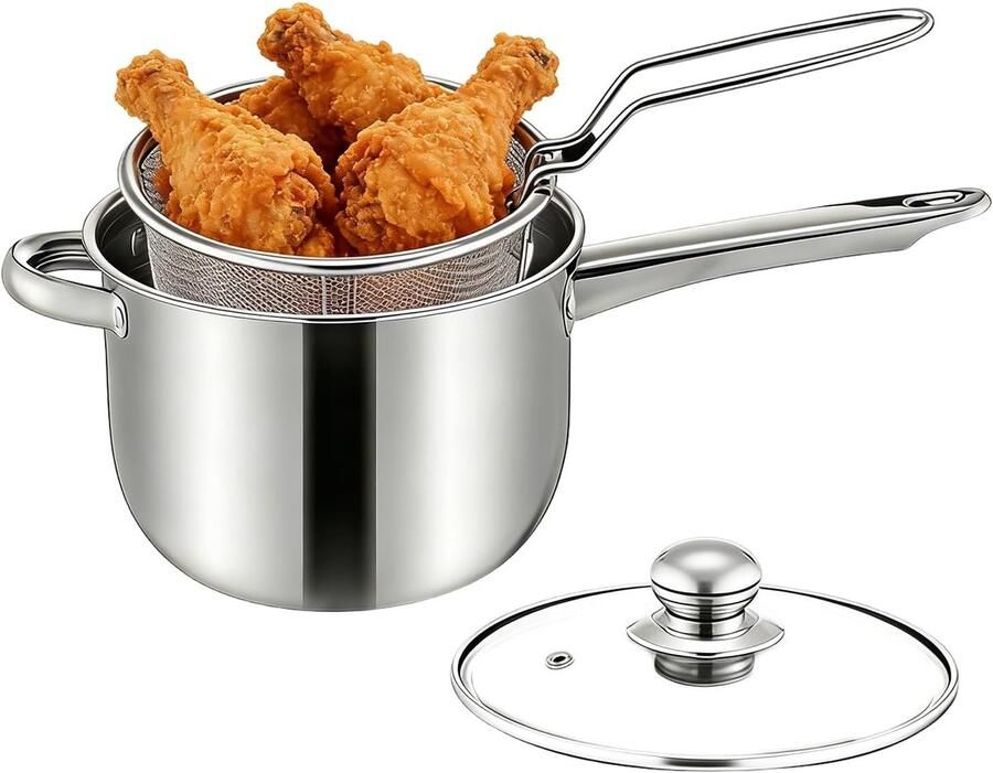Roestvrijstalen Friteuse Draagbare Kookpan Thuis en Buiten Koken Inclusief Mandje 15x20x15 cm