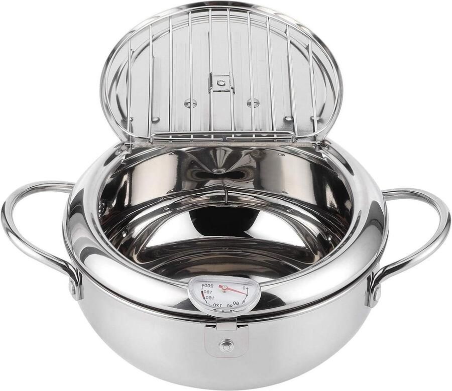 Japanse friteuse Frituurpan deksel Thuis frituren Met thermometer 24 cm diameter Zilver