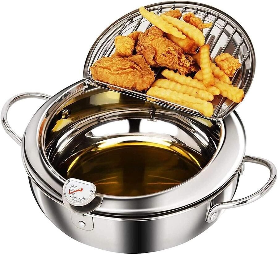 Friteuse met Thermometer Oliepan Frituurpan Thuis Frituren Temperatuur Gecontroleerd 20 cm Zilver