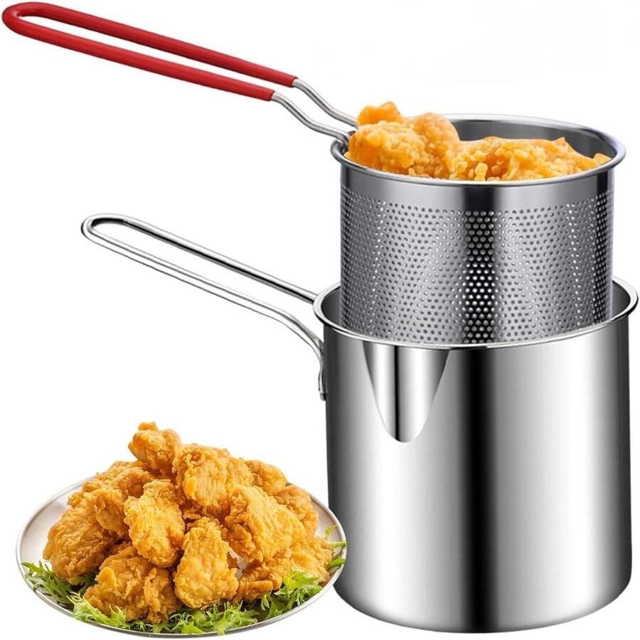 Friteuse met Zeef Diepe Braadpan Thuis Frituren Olie Besparend Ontwerp 4-delige Set Zilverkleurig