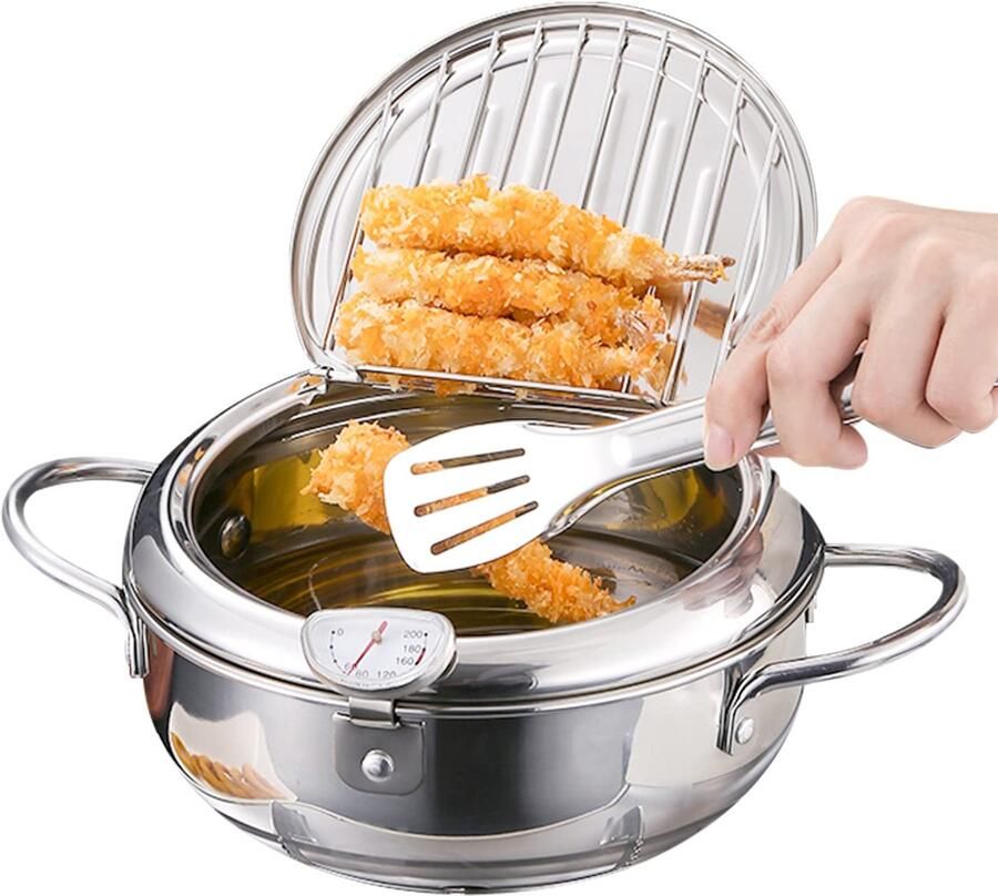 Friteuse Pan Friteuse Frituurpan Japanse stijl Mini roestvrijstalen Tempura-friteuse met thermometer deksel en oliedruppel afdruiprek voor keuken Frieten vis en knapperig vlees(L 24cm 9.45'')