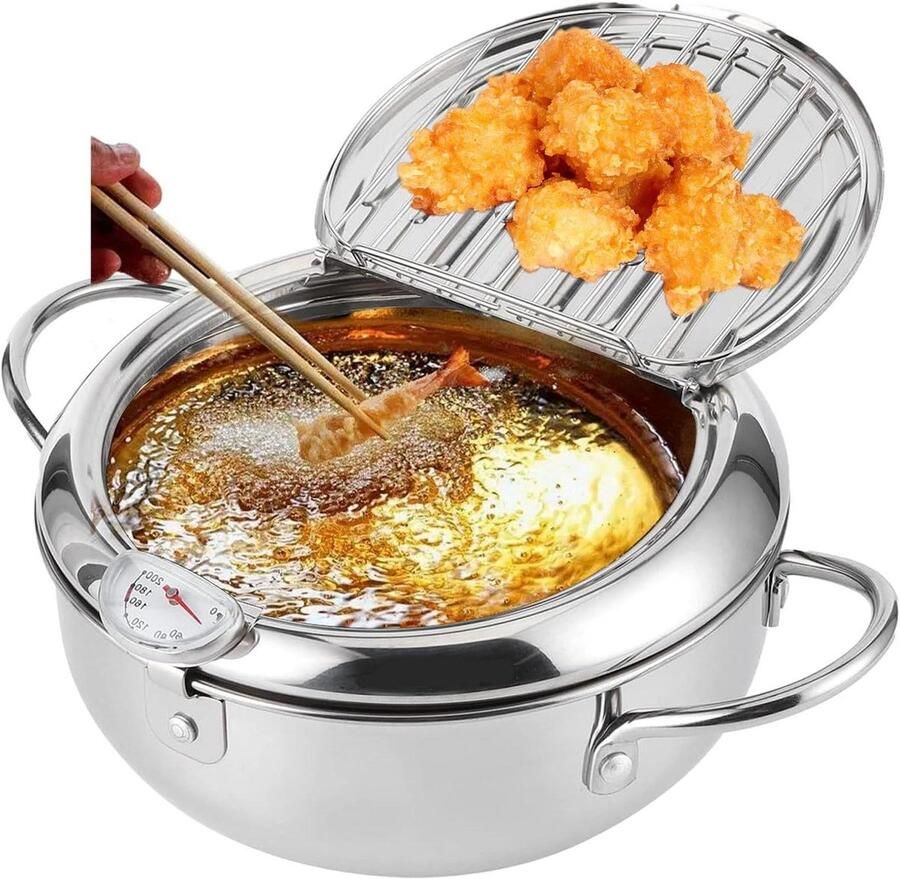 Friteuse pan Japanse frituurpan Thuis frituren Inclusief thermometer 20 cm diameter Zilver