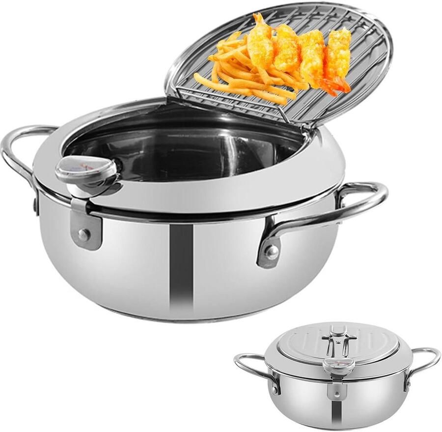 Frituurpan met Thermometer 4L Roestvrijstalen Frituurpan met Dop en Olieopvangrek