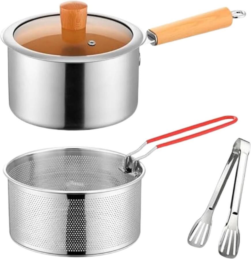 Friteuse Pan Koekenpan met mand Thuis Frituren Geïntegreerd Oliefilter 18 cm diameter Zilverkleurig