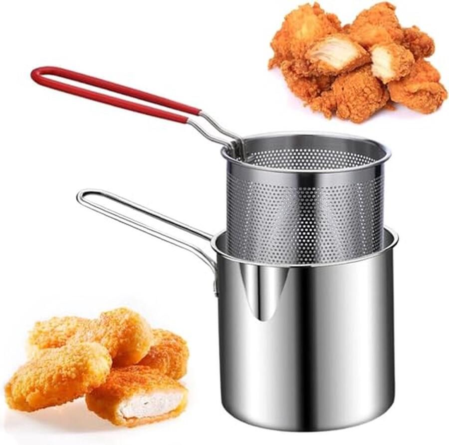 Friteuse pan Koekenpan met zeef Frituren van snacks Oliebesparend ontwerp 4-delige set Zilver