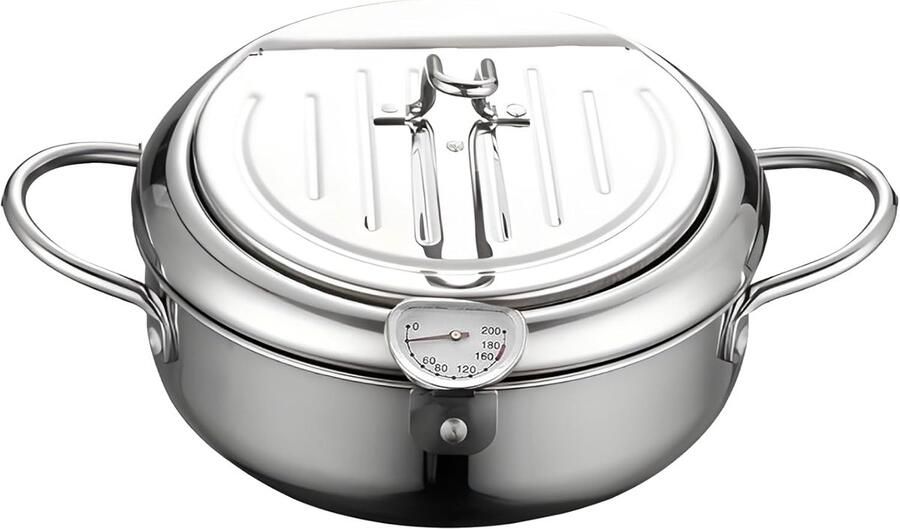 Friteuse Pan Olie Pan Frituren en Koken Met Ingebouwde Thermometer 2.2L Zilver