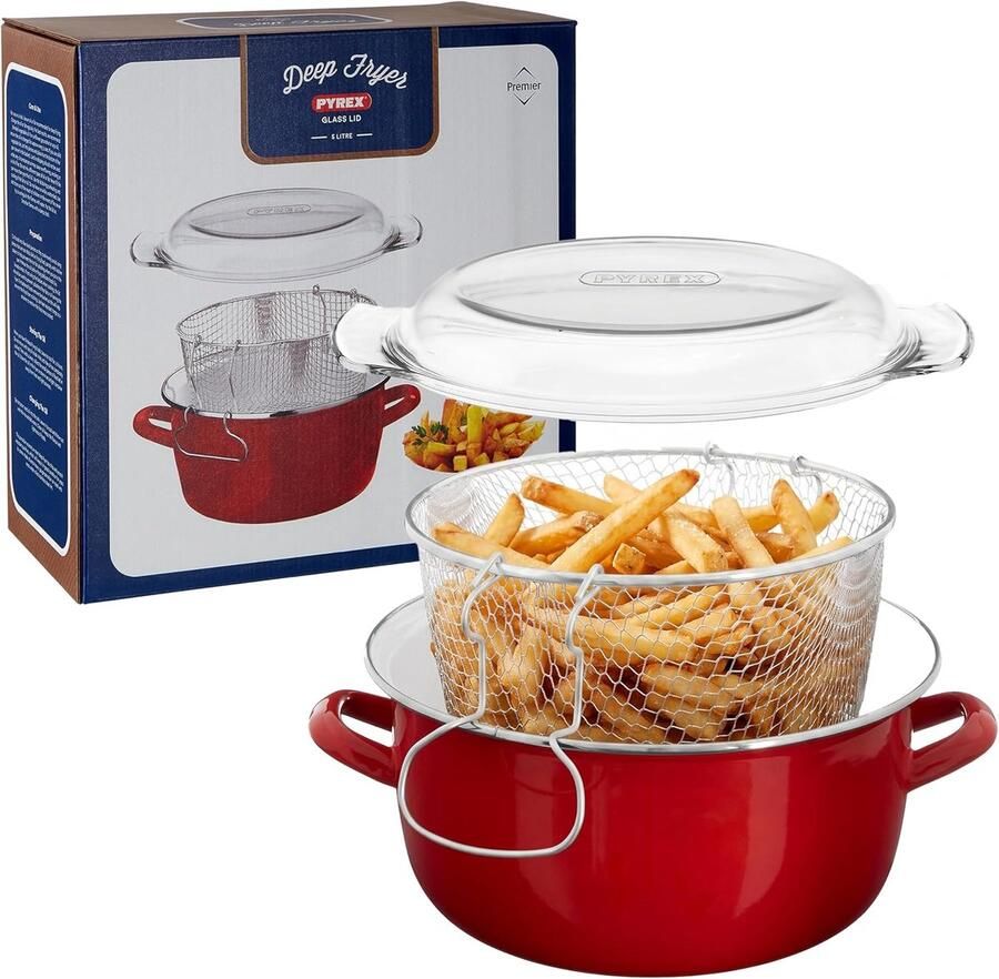 Frituurpan Emaille Steel Pan Lekker Frituren Met Glazen Deksel 5 Liter Rood