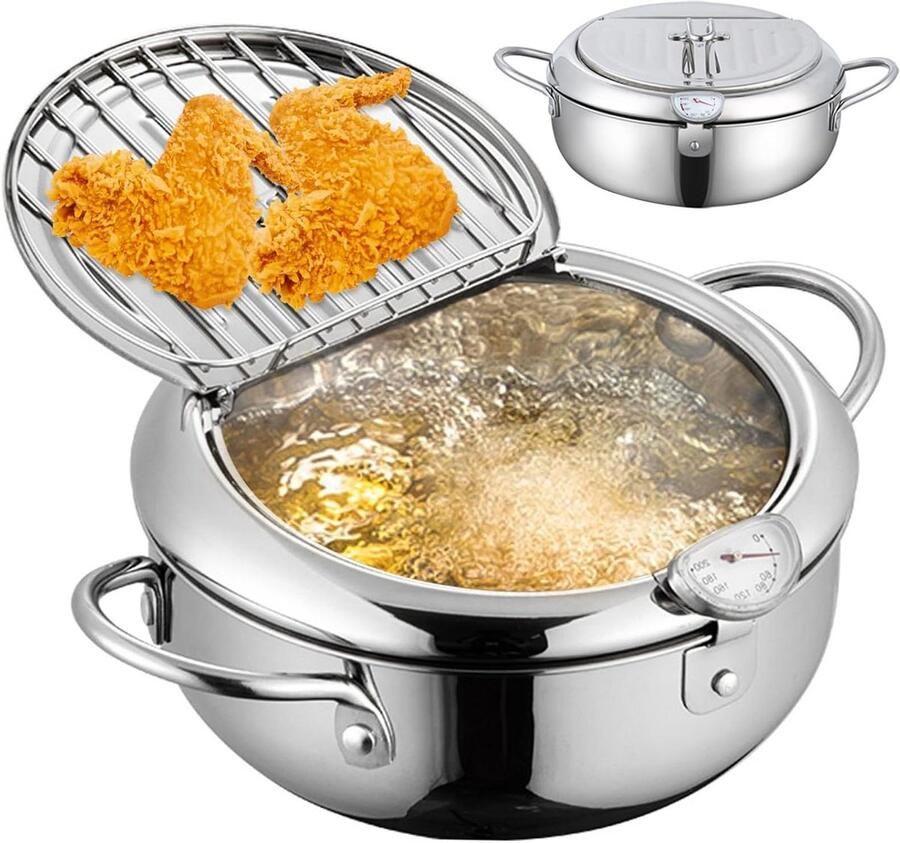 Friteuse Pan Tempura Koekenpan Thuis Frituren Met Thermometer 42 Liter Zilver