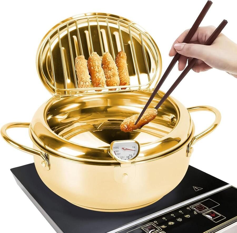 Friteuse pan Tempura pan Japanse pan Frituren van snacks Met thermometer 20 cm Goud