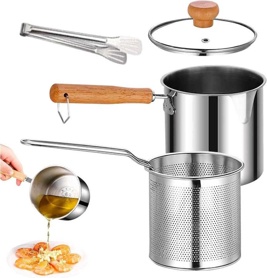 Friteuse Pot Olie Zeef Pot Frituren Thuis Roestvrij Staal 14x17x14 cm Zilver