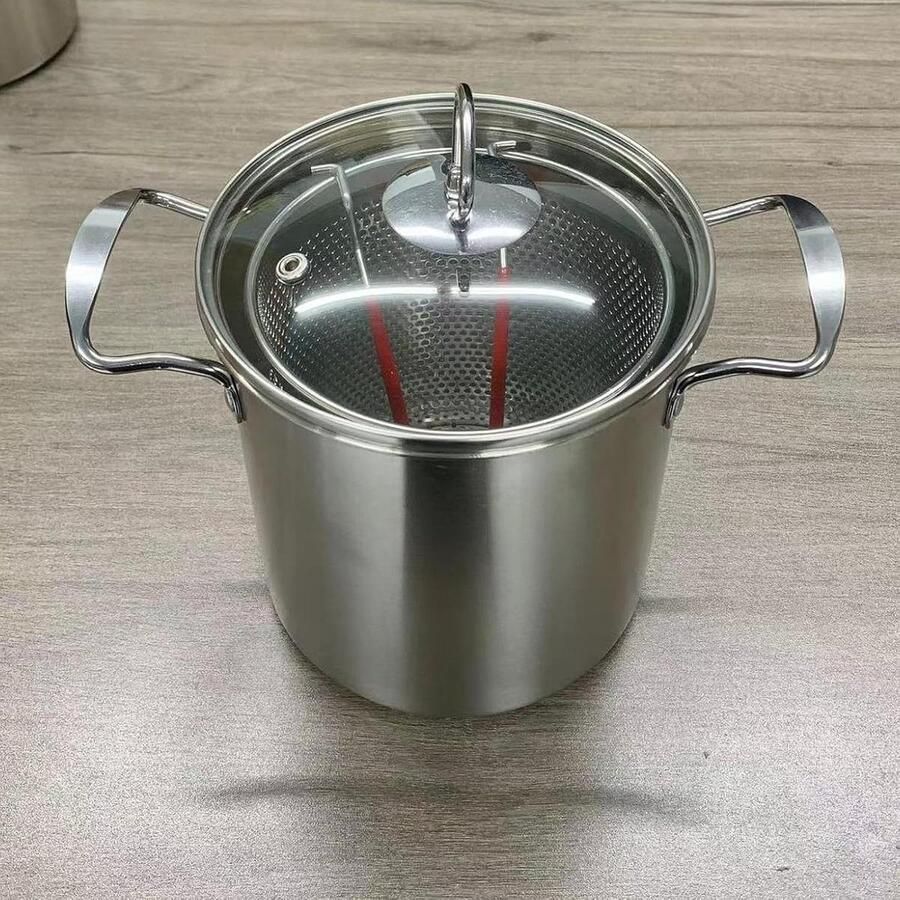 Friteuse Roestvrij Staal Keukenpan met mand Gerechten Frituren Efficiënte Warmteverdeling 3.5 Liter Inhoud