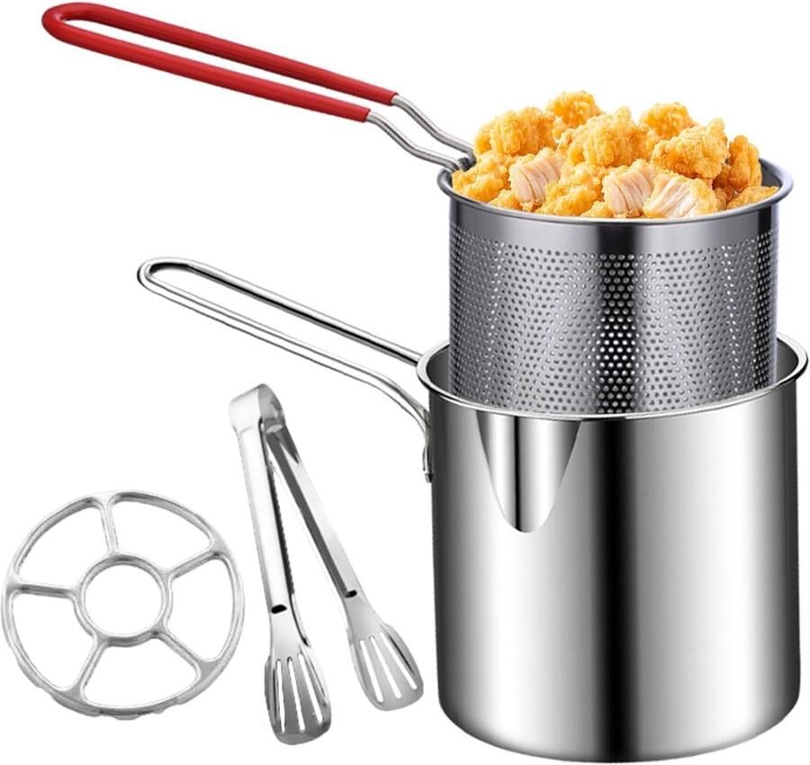 Friteuse Roestvrij Staal Snackpan Keuken Thuis Frituren Met Afdruiprek Compact Formaat Zilver - Foto 1