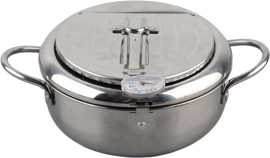 Roestvrijstalen Frituurpan Mini Braadpan Japanse Stijl Thuis Keuken Koken Ingebouwde Thermometer 20 cm Zilver