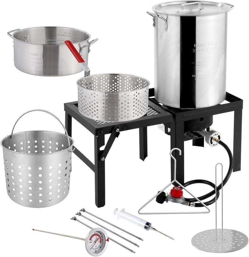 Friteuse Set Buiten Frituren Vispan Buiten Koken Inclusief Marinade Injector 30QT & 10QT Zilver