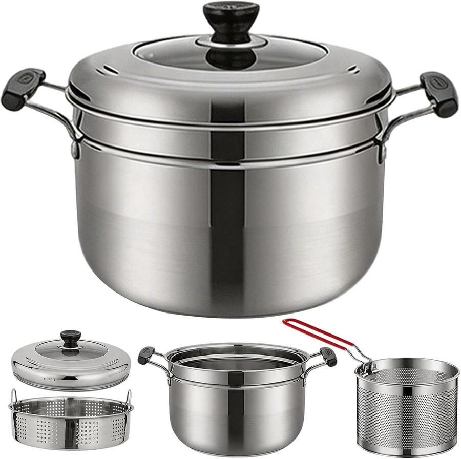 Friteuse Zilver 4 liter Roestvrij Staal met Stoommand en Deksel Voor Gezinnen van 3 tot 5 Personen