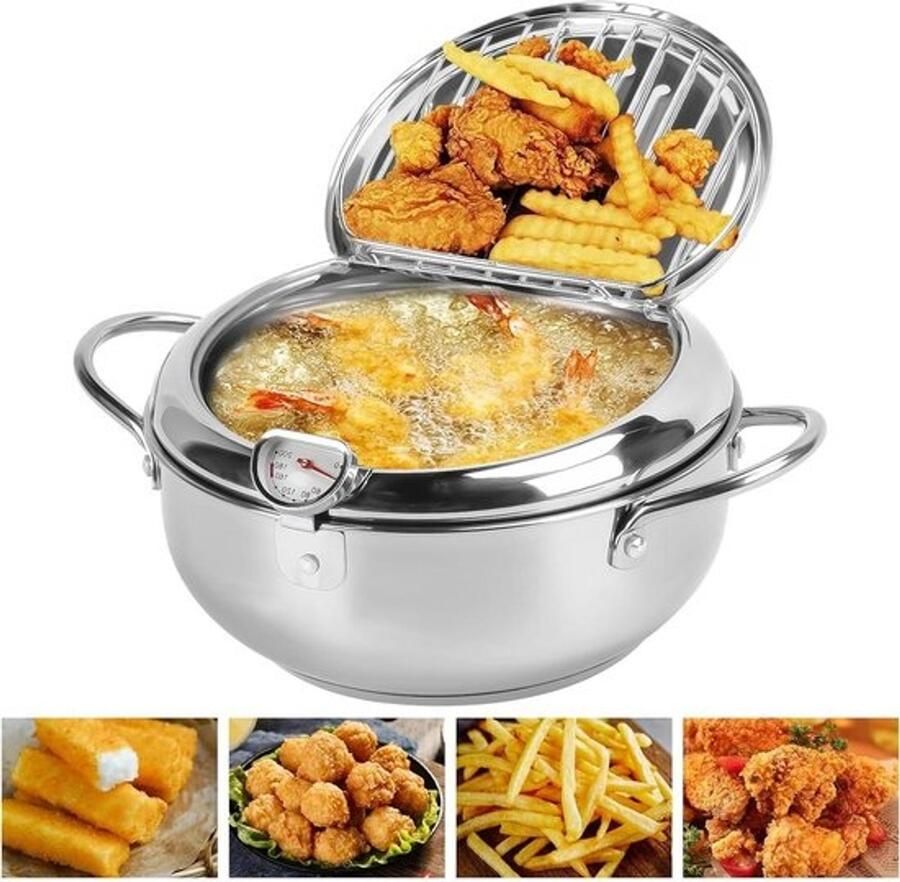 Frituurpan Keukenpan Voor lekker koken Met thermometer 28 cm Zilver
