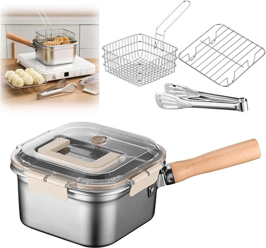 Friteuseset 2500 ml 20 5 × 20 5 × 11.5 cm Inclusief een vierkante friteuse met transparant deksel frituurmandje oliezeef en frituurtang Afneembaar handvat Roestvrij staal Geschikt voor thuis kamperen en picknicks Zilver