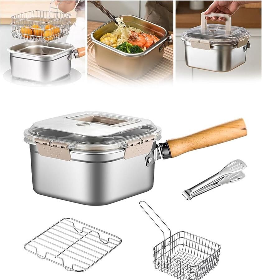 Friteuseset – Friteuse 2 liter – Frituurpan – Inclusief frituurmandje deksel en voedseltangen – Ideaal voor het frituren van kip friet of noedels – Roestvrij staal – Zilver