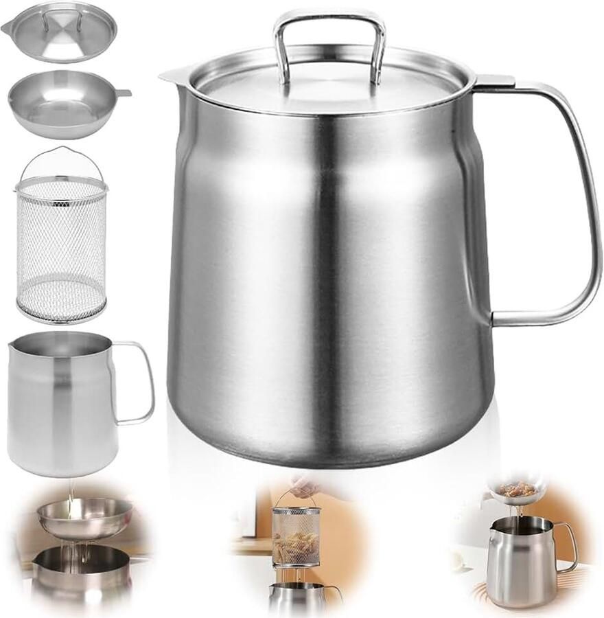 Frituurpan 2L braadpan van roestvrij staal frituurpan met zeef handvat en deksel Kleine kookpan voor koken bakken bewaren Compatibel met inductiekookplaat Zilver Ø 14 cm