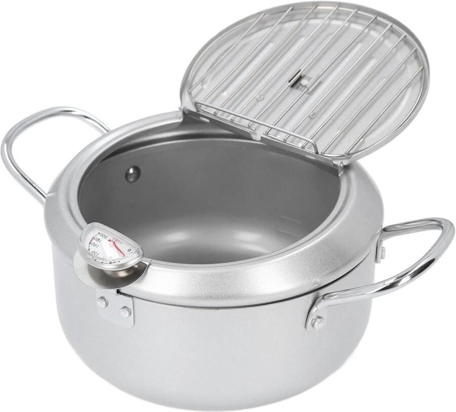 Frituurpan met thermometer Koekenpan Braadpan Thuis Frituren Dubbele Handgrepen 28D x 22W x 13H cm Zilver