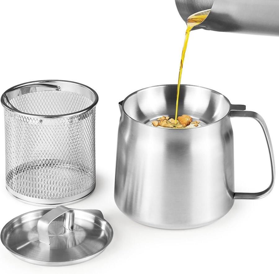 Frituurpan Filterkan Scheidt vetresten Frituurpan van roestvrij staal met mand en zeef Grote capaciteit Geschikt voor keuken frituren koken kamperen zware oliefiltercontainer Vaatwasserbestendig 50 oz 1 5 L Zilver