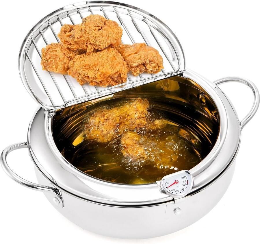 Friteuse Pan Keukenpan Koken en Frituren Inclusief Olie-afvoerrek 4.2 Liter Zilver