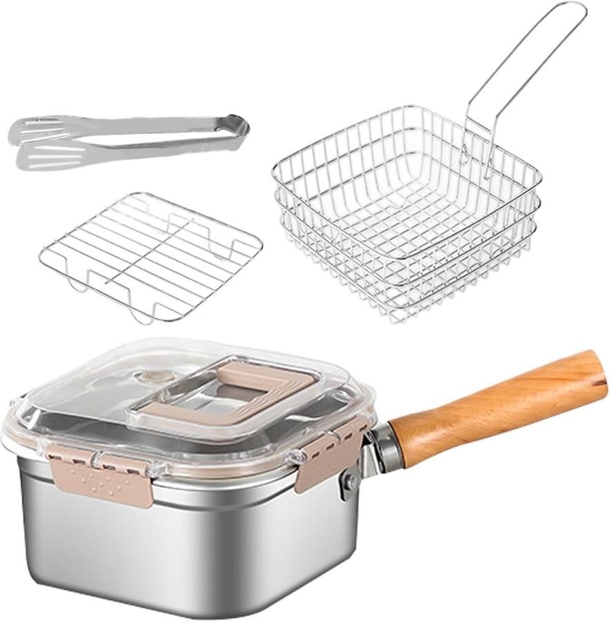 Friteuse met mand Braadpan set Multifunctioneel koken Spatbestendig roestvrij staal 24x15x24 cm Zilver