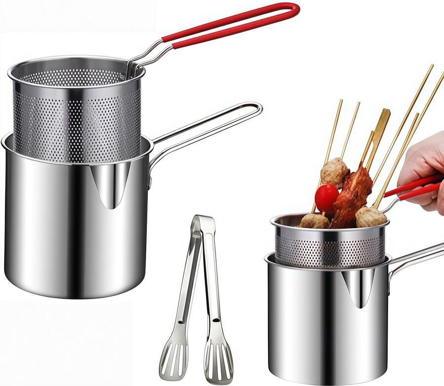 Frituurpan Frituurmand Roestvrij stalen frituurpan Japanse tempura mand Met clip Voor vis Geschikt voor Friet Kip en Garnalen Kleine frituurpan RVS Zilver