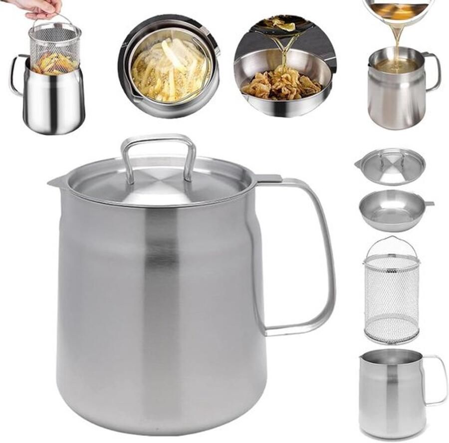 Frituurpan Frituurpannen friteuse frietpan Filterkan Scheidt vetresten Frituurpan van roestvrij staal met mand en zeef Grote capaciteit Vaatwasserbestendig 68 oz 2 L Zilver