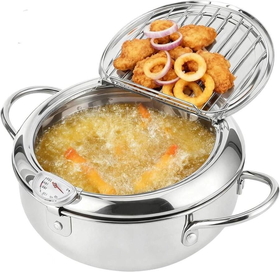 Frituurpan Japanse stijl Kleine pan Thuis koken Met thermometer 20 cm Zilver